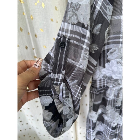 Torrid Emma Sheer Floral Plaid Chiffon Mandarin Collar Tunic Babydoll Blouse 1X - Picture 5 of 10